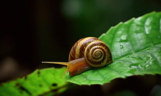 A snail on a leaf with rain drops on it