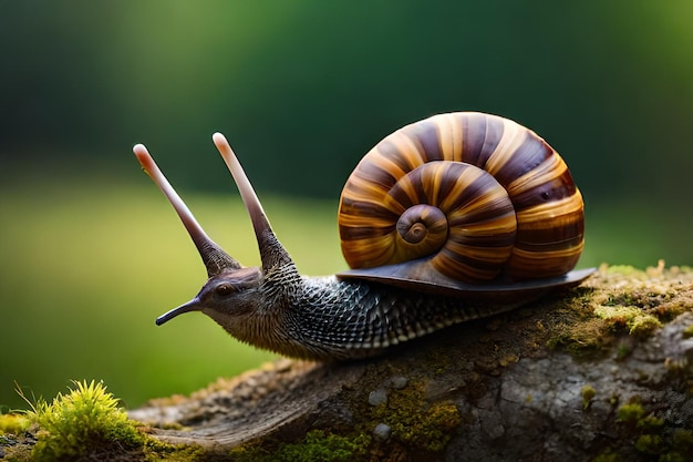 A snail on a log with a green background