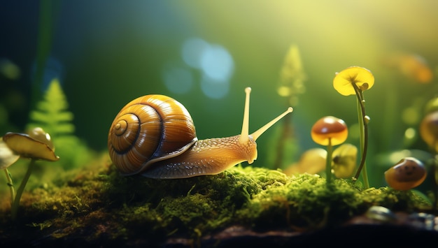 A snail on moss with mushrooms