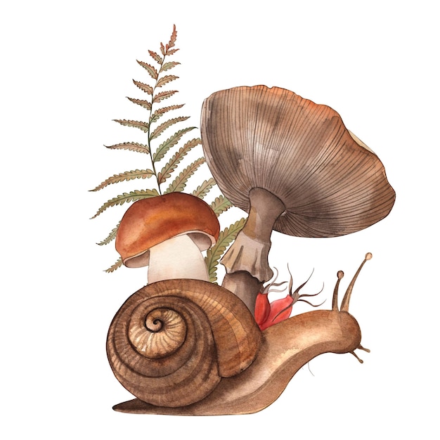 snail mushroom chanterelle fly agaric fern rosehip the illustration is handdrawn in watercolor