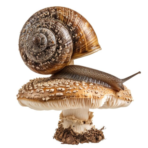 Snail on a mushroom isolated on white background