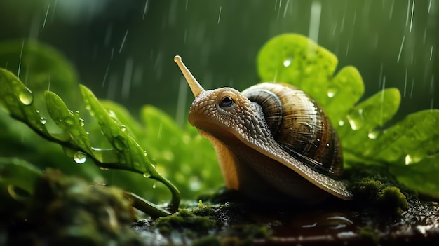 snail in the rain with green leaves