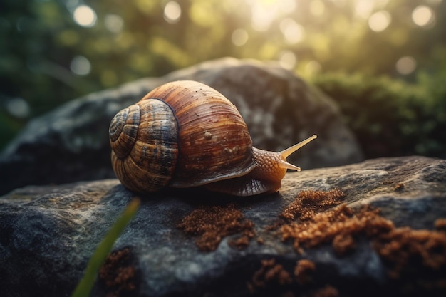 A snail on a rock in the forest