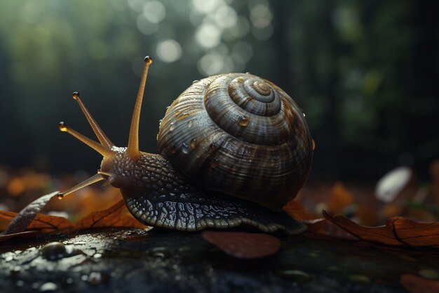 A snail on a rock in the woods