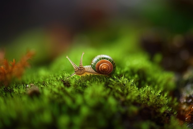 A snail sits on a mossy surface.