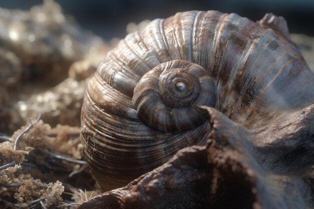 A snail sits on a pile of dried leaves.