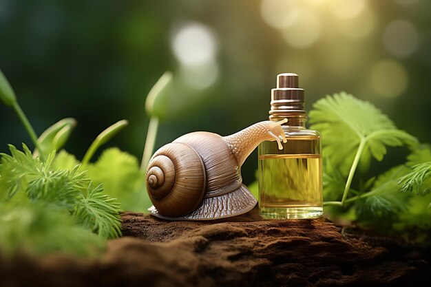 Snail slime natural cosmetic vial and cream jars plants on natural background still life sunlight