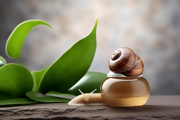 Snail slime natural cosmetic vial and cream jars plants on natural background still life