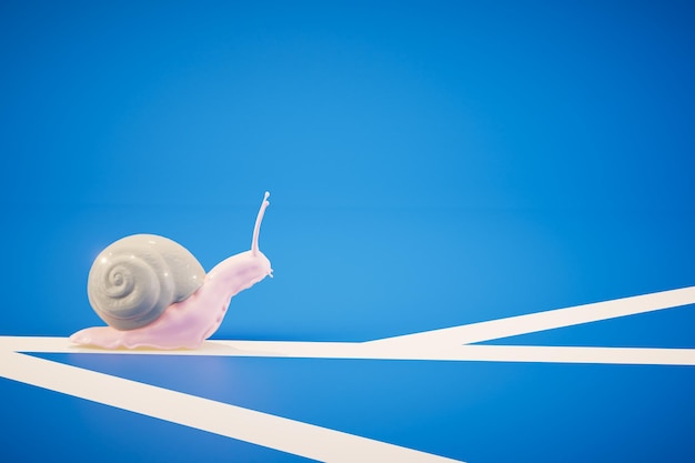 A snail slowly crawling along the road markings on a blue background 3D render