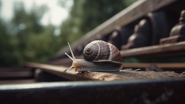 Snail walking railway bridge line tracks photography image AI generated art