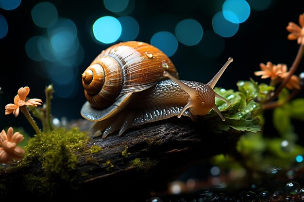 a snail walking on a tree branch
