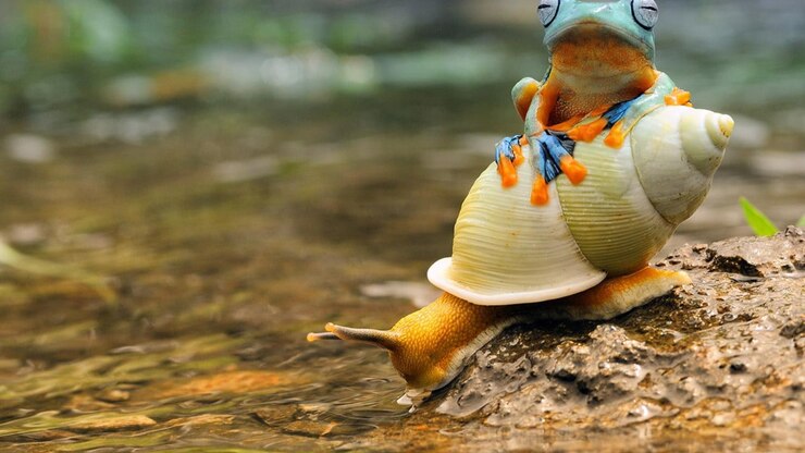 फोटो a snail with a blue tail is on a log micro wallpaper