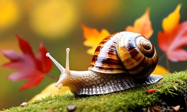 Photo snail with a brown shell on bright green moss