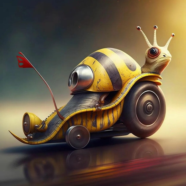 A snail with a crown on its head is riding in a buggy.