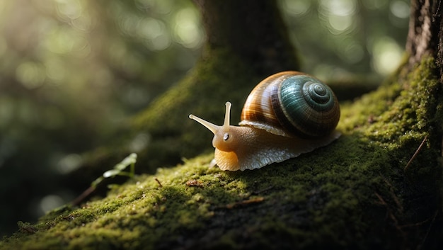 A snail with a delicate iridescent shell slowly making its way up a mossy tree trunk