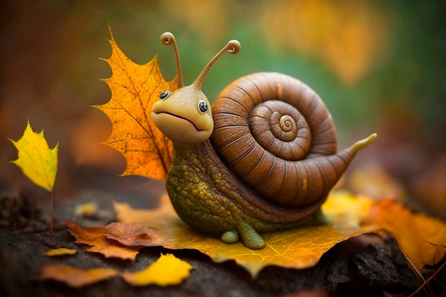 A snail with a leaf on it