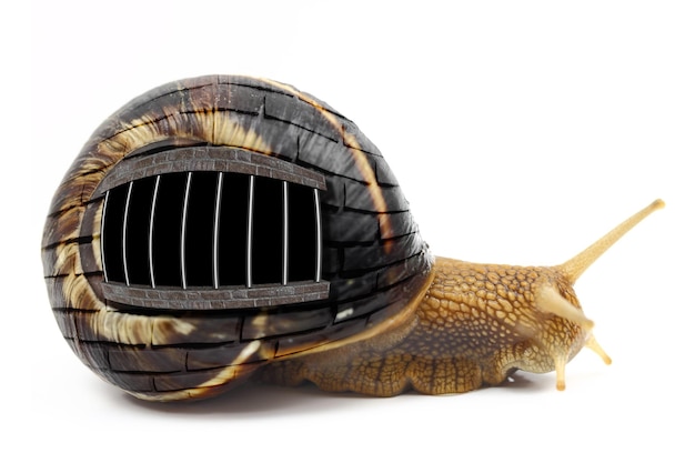 Snail with prison bars on its shell isolated