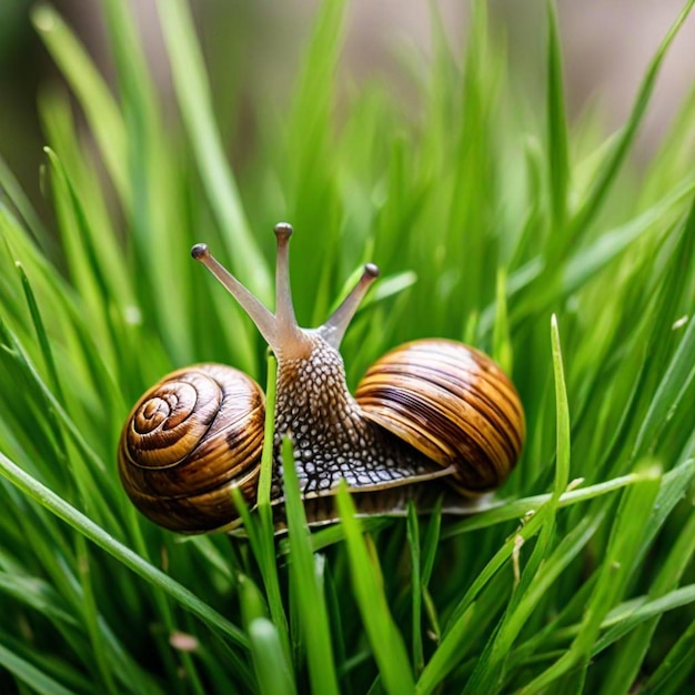 snail with a snail on it and the grass is green