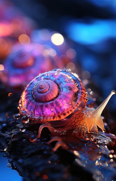 Photo a snail with water drops on it and a purple background