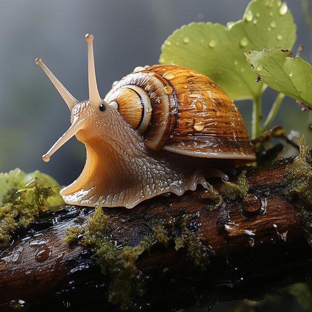 a snail with a yellow head is on a log with moss.