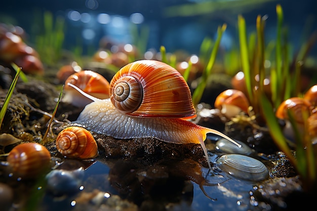 snails are crawling on a rock in a pond of water generative ai