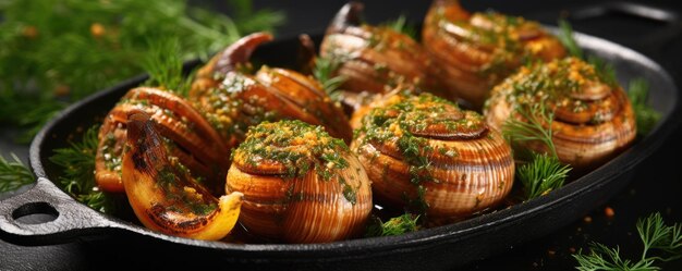 Photo snails baked with spices and herbs on slate table generative ai
