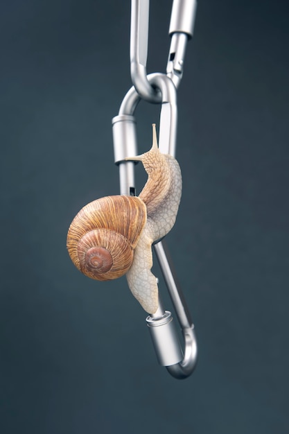 Snails hold each other on metal carabiners for belay.