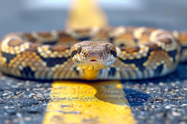 A snake crawls across a pedestrian crossing on the street