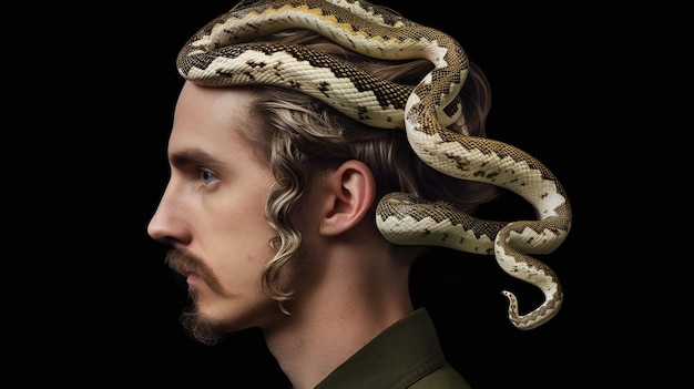 Snake Crown Closeup Portrait of a Sacred Serpent Human Hybrid with Snakes for Hair