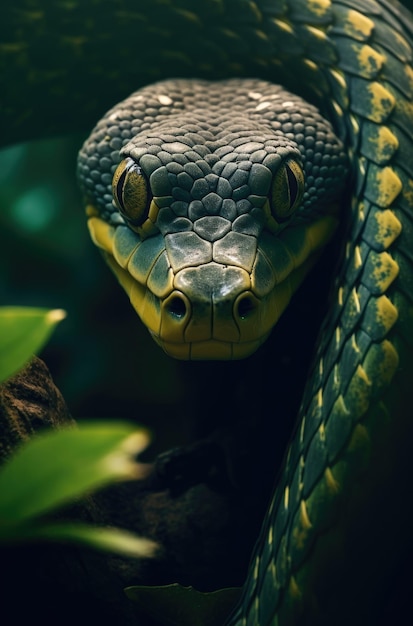 Snake curled up on a branch among the leaves