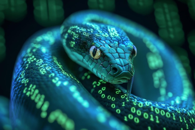 a snake entwined with binary code symbolizing python automation in programming visual art