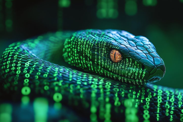 Photo a snake intertwined with binary code representing python automation in programming photography
