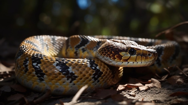 A snake is seen in the woods.