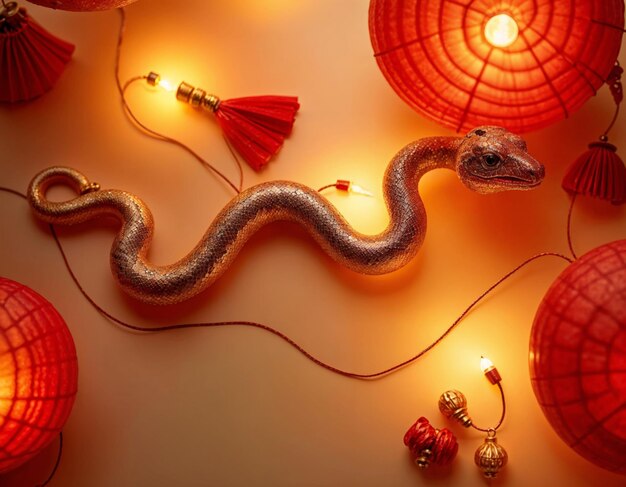 a snake is surrounded by red lanterns and red paper lanterns with strings on a white background