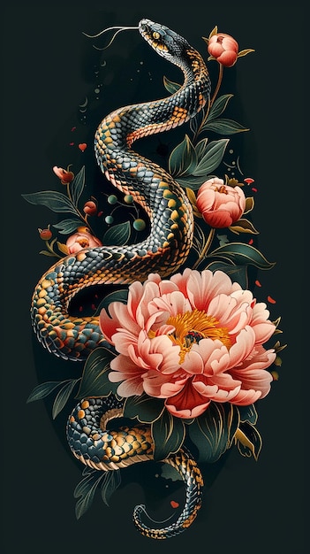 A snake is wrapped around a flower with the flower being pink The snake is surrounded by leaves and flowers giving the impression of a natural scene