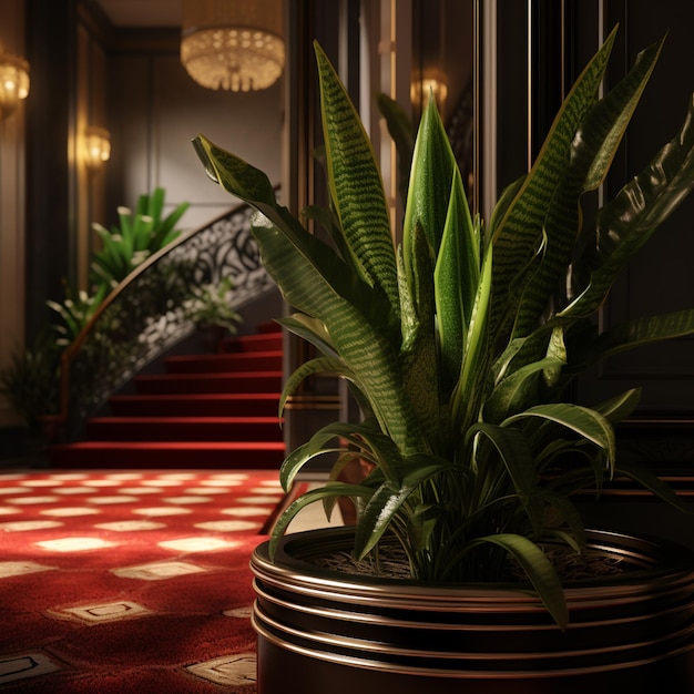 A snake plant inside the foyer of a luxury mansion