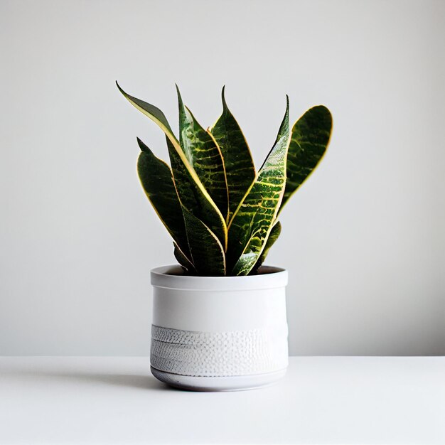 A snake plant in a white pot