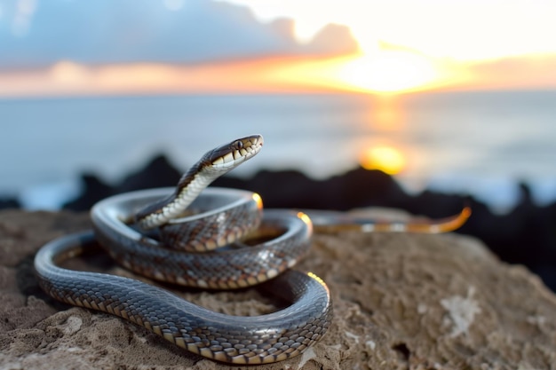 Snake slithering on rock sunset warming scales