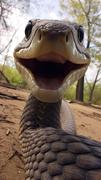 Snake touches camera taking selfie Funny selfie portrait of animal