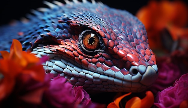人工知能によって生成された、危険で美しい鮮やかな色の熱帯雨林の野生のヘビ