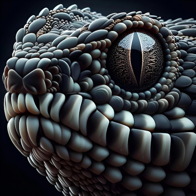 a snake with a black eye and a black background