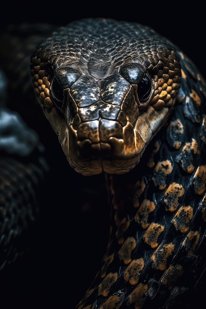 A snake with a black face and a black background