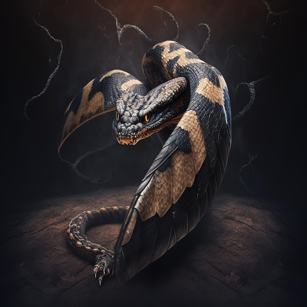 A snake with a black and gold pattern on its head is in front of a dark background.