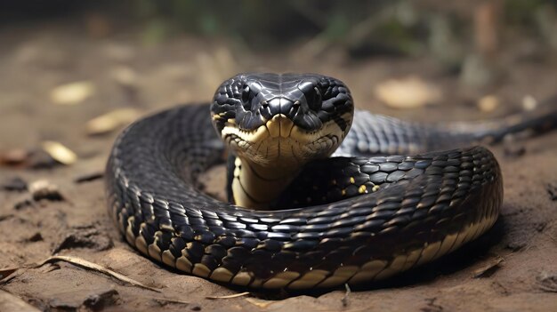 a snake with a black head and a yellow beak is looking up