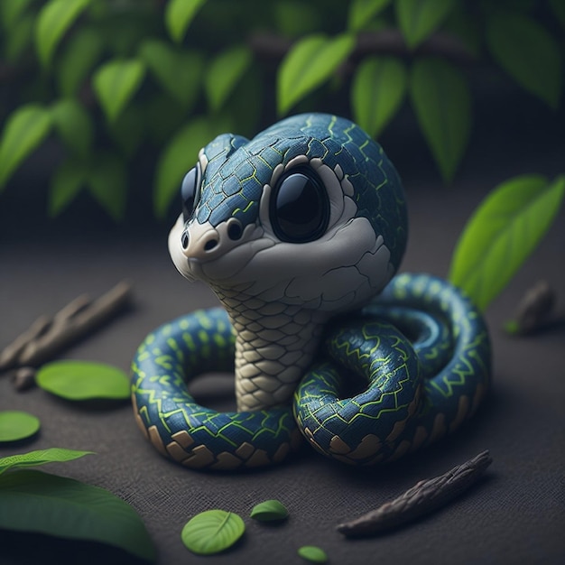 A snake with blue eyes and a green head sits on a black surface.