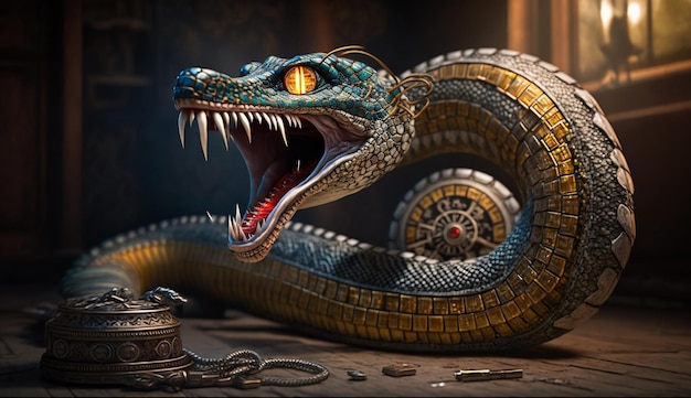 A snake with a blue face and yellow eyes is coming to a temple