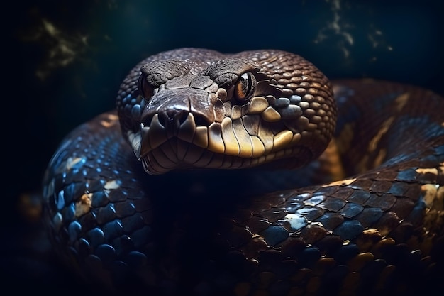 A snake with a blue face and a yellow spot on the bottom