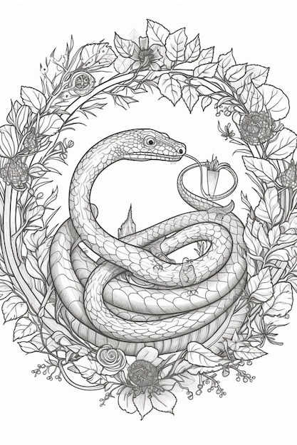 A snake with a crown in the middle of a floral frame.