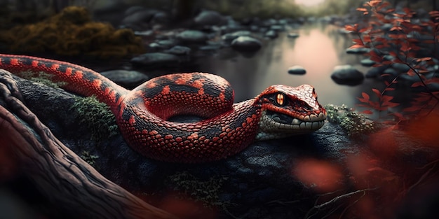 Photo a snake with glowing eyes sits on a rock in a pond.