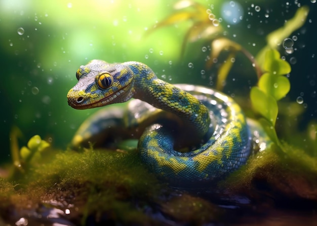 녹색과 파란색의 몸을 가진 뱀이 이끼 낀 바위에 앉아 있습니다.